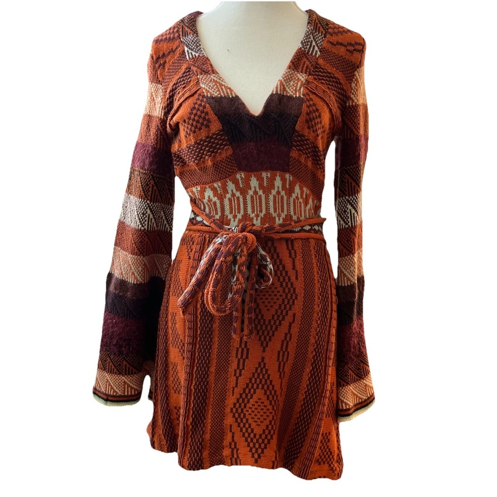 Free People Dress Women XS Orange Patchwork Sweater Boho Hippie Bell Sleeve Fall